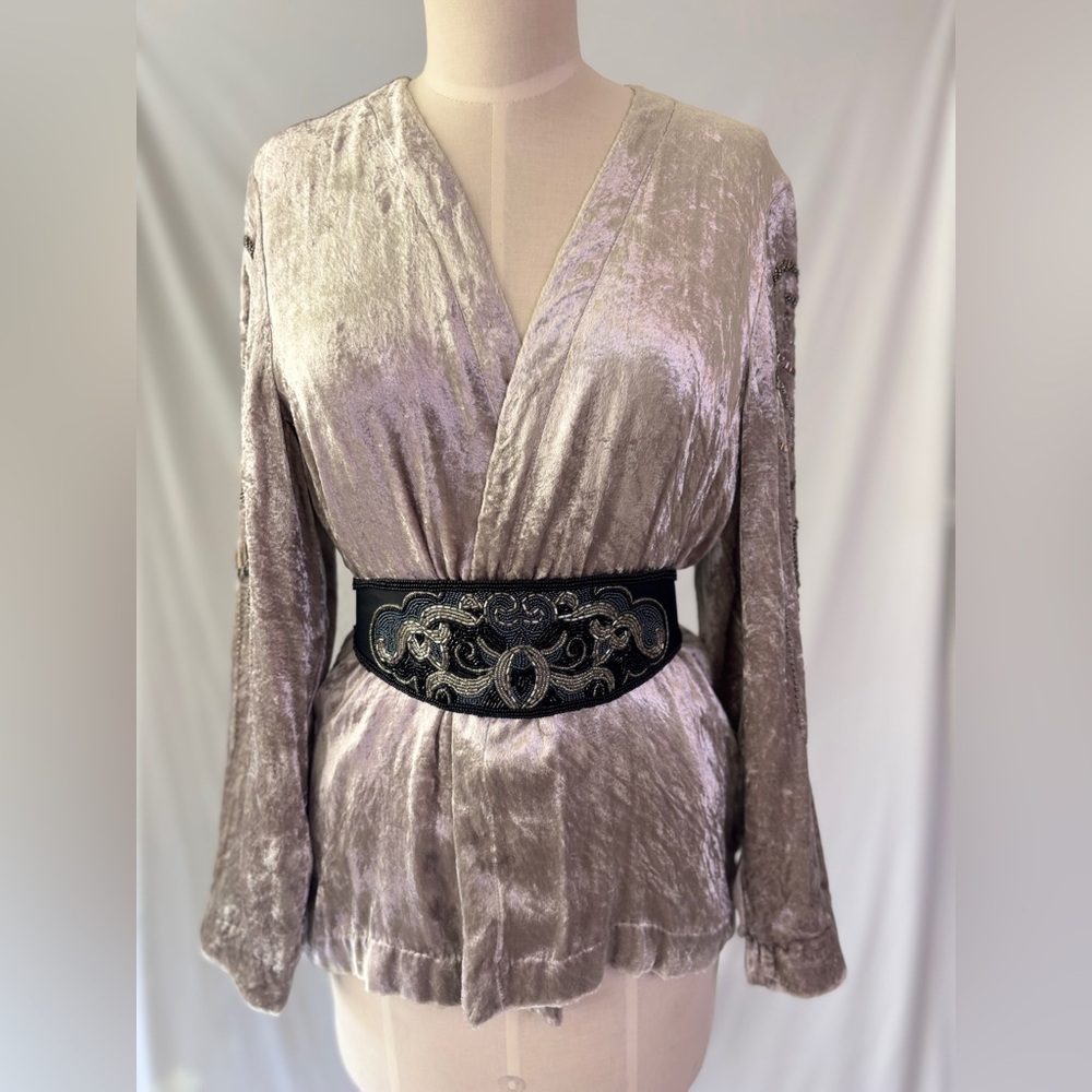 Chicos Romantic Velvet Embellished Metallic Silver Kimono Beaded Jacket XS $189